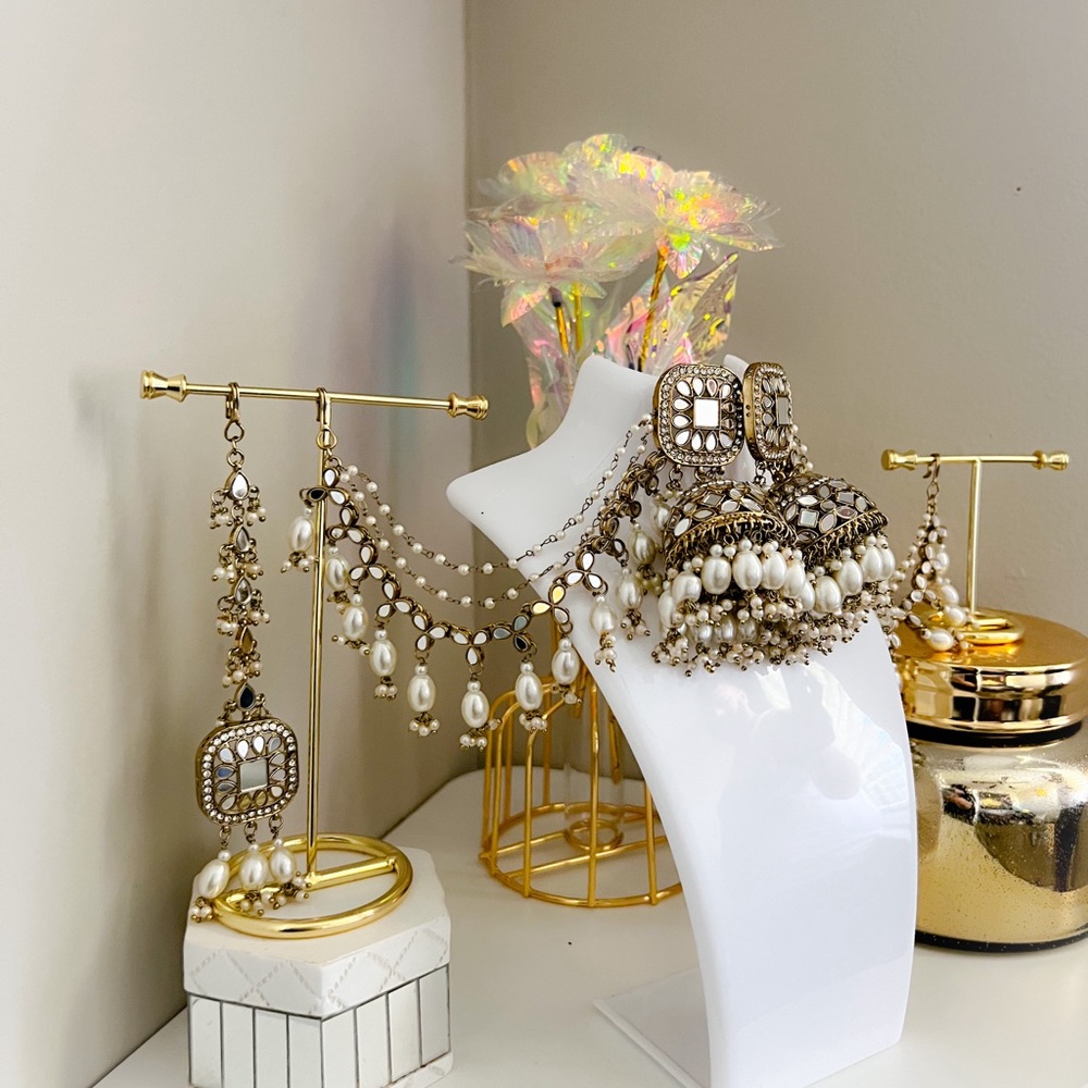 Pearl, mirror, gold & white earrings (jhumkas) with attached ear chain & tikka.